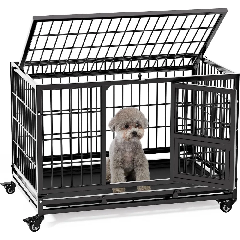 

32 Inch Heavy Duty Dog Crate with Wheels, Folding Metal Dog Cage for Puppy/Small and Medium Dogs, Indestructible Dog Crate with