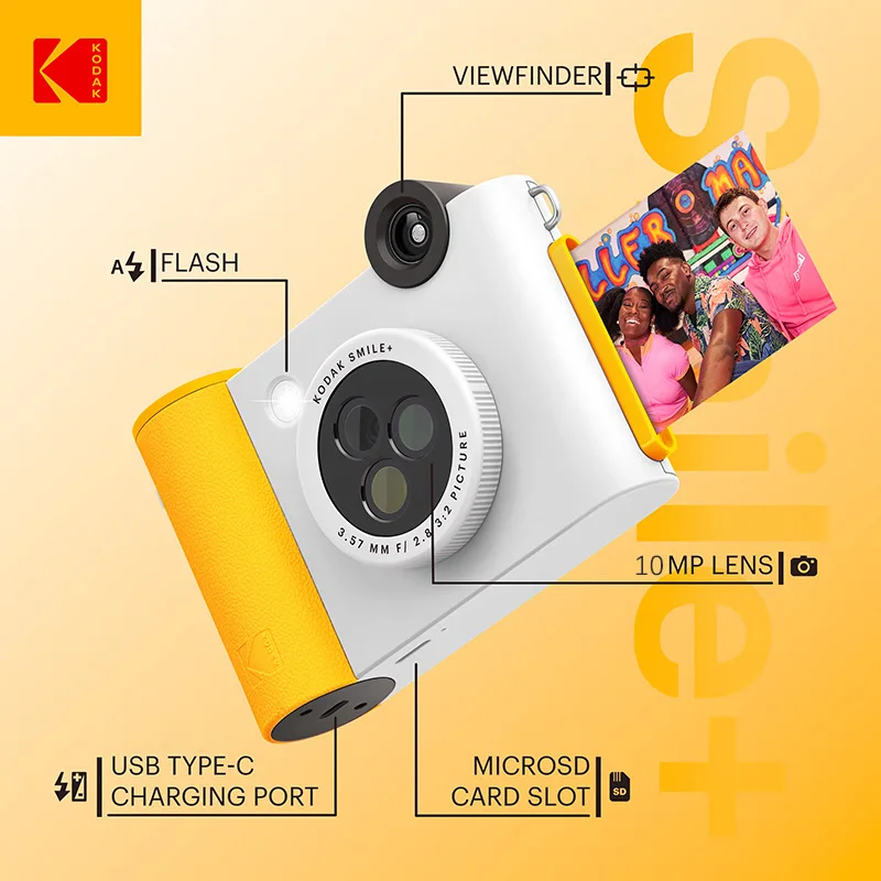كاميرا Kodak Smile+ الفورية بدقة 10 ميجابكسل، 3 مرشحات، طباعة ZINK بدون حبر، طباعة صور بلوتوث من الهواتف المحمولة، دعم بطاقة TF