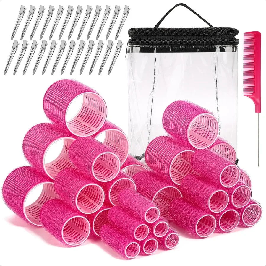 

56 Pcs Hair Roller Set for Blowout Look Long Medium Short Hair Volume; 30Pcs Rollers 5 Sizes 24 Pcs Clips Storage Bag