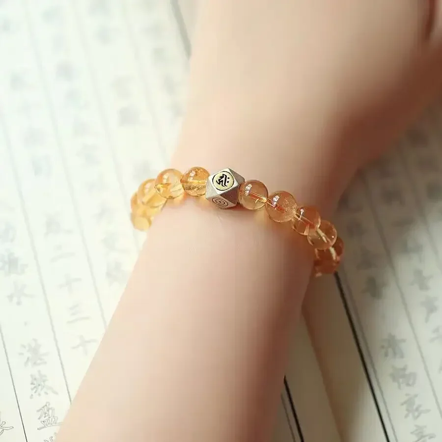 Natural Citrine Rutile Quartz Buddha Beads Bracelet Old Silver Zodiac Amulet Guardian Financial Jewelry HandString Female Gift