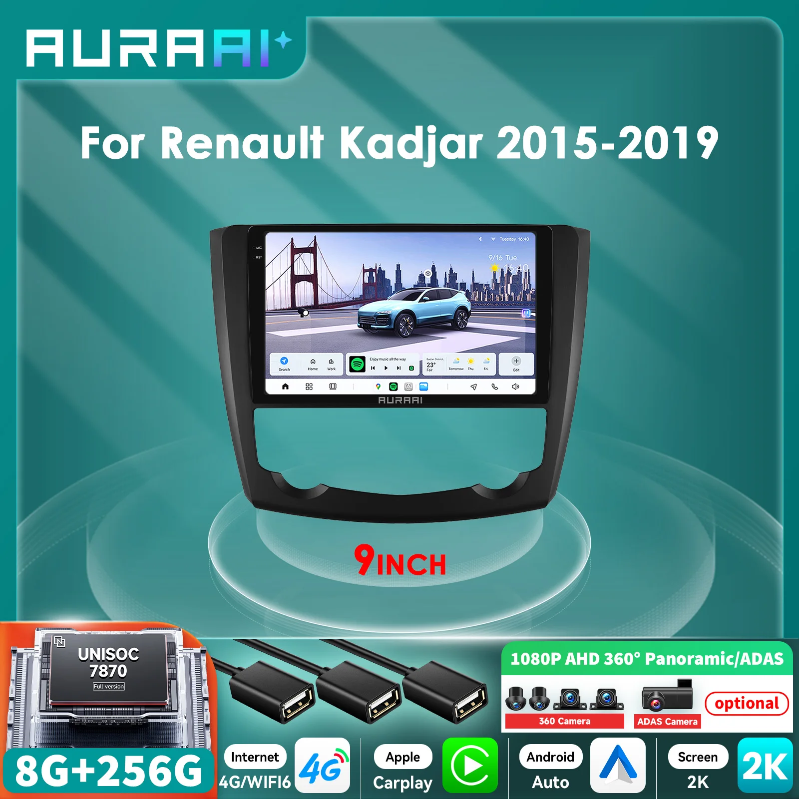 8 + 256G Carplay Android 13 Autoradio per Renault Kadjar 2015-2019 2K Schermo Intelligente ADAS + 360 Cam Multimedia 7870 8Core 2.7GHz