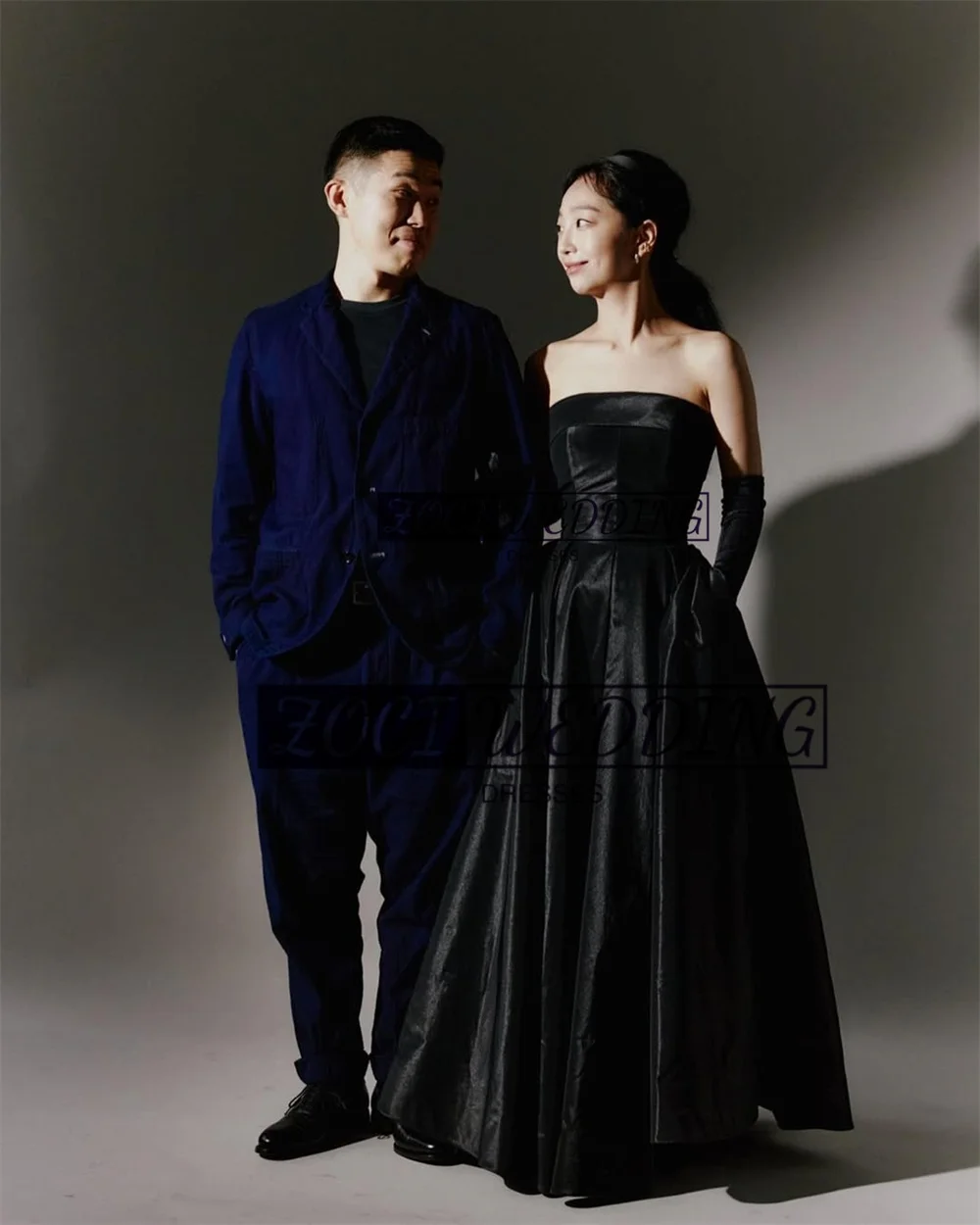 Zoci Elegant Black Korea Evening Dresses Strapless Satin Customized Wedding Photo Shoot Dress Floor Draped Bridal Party Dress