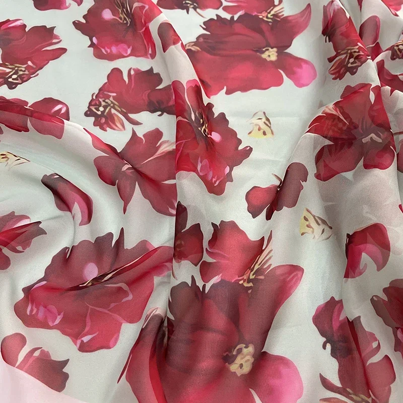 30d Chiffon Printed Fabric Red Flower Spring Summer for Dresses Fashion Runway Clothing for Sewing Material Cloth By Meters