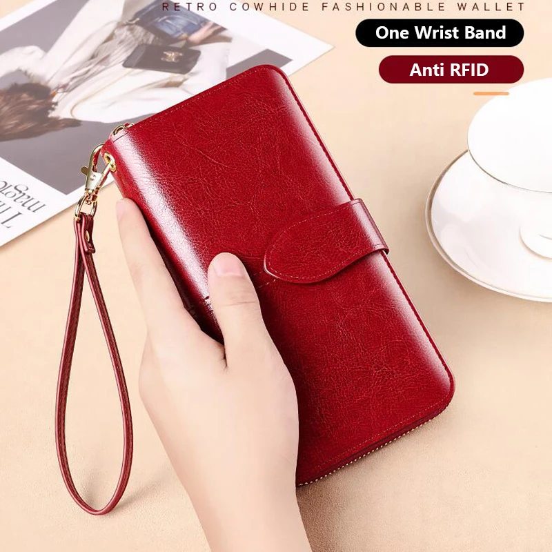 Travel Anti RFID Genuine Leather Wallets Women New 2024 Money Coin Cellphone Bag Long Purse for Woman Birthday Gifts