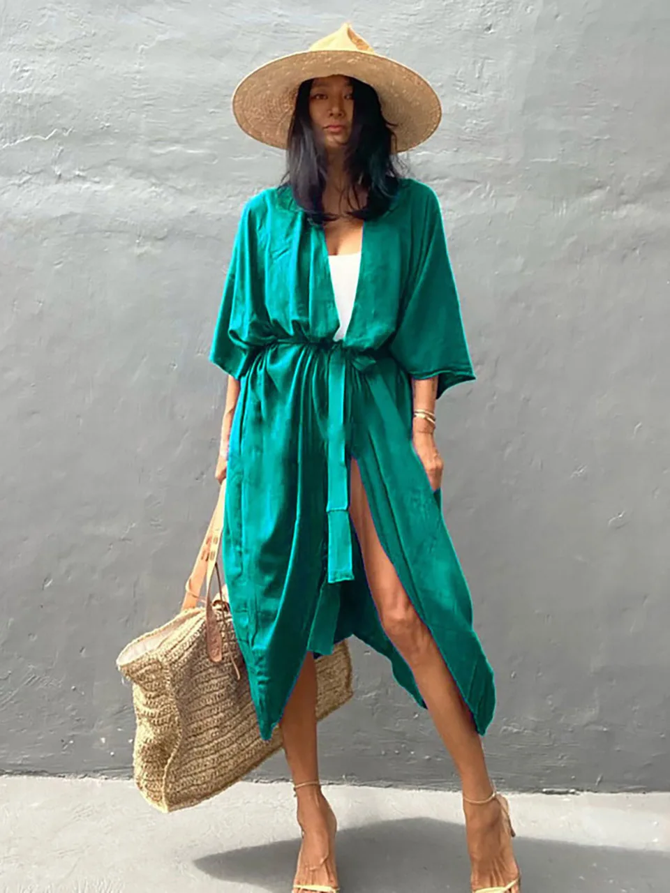 Blue Women Bikini Cover-ups Kimono Cape  Sexy Tunic Pareo Beach Woman Clothing  2023 Summer Bathing Suit Cover Up Robe