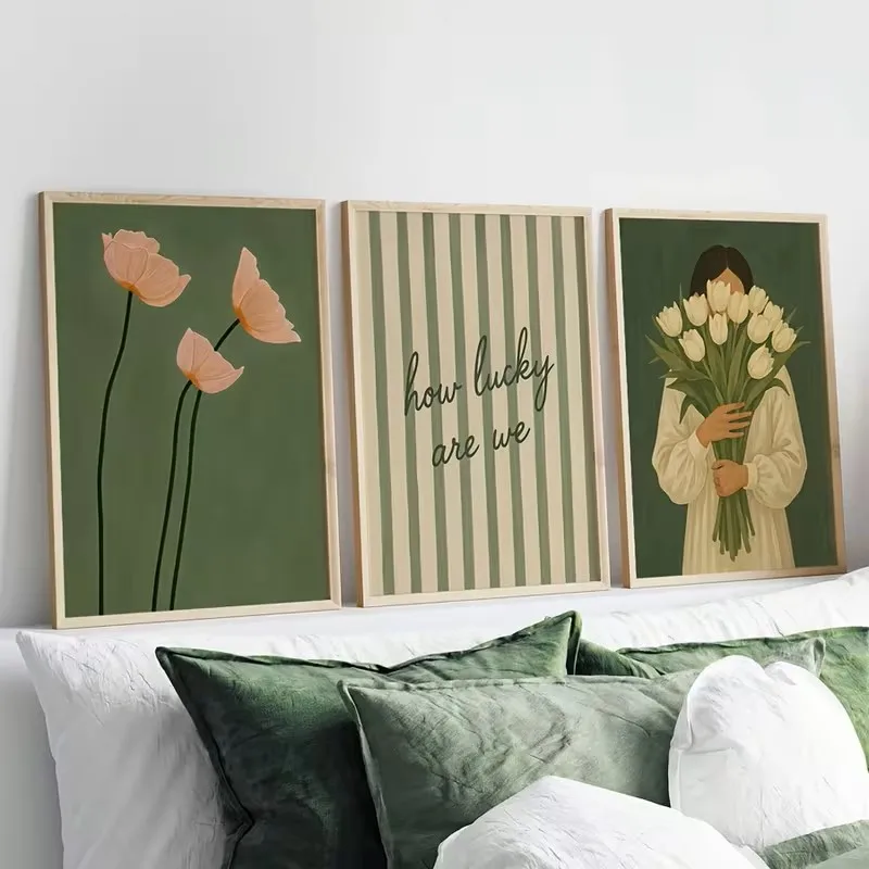 3pcs Romantic Love Motto Poster Retro Green Striped Floral Bohemian-style Living Room Bedroom Kitchen