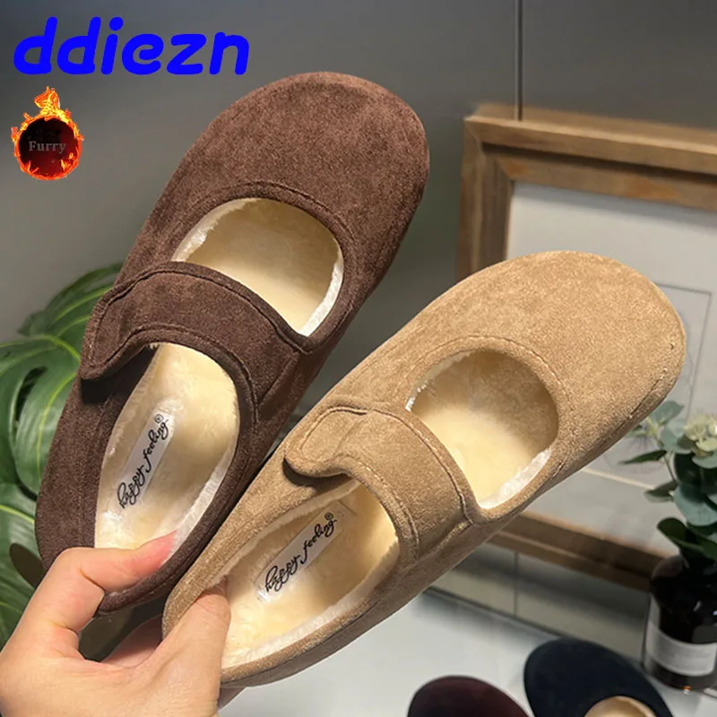 Fashion Round Toe Women Flats With Fur Warm Shoes Soft Hook Loop Female Shallow Footwear Ladies Flats Mary Janes Plush Shoes