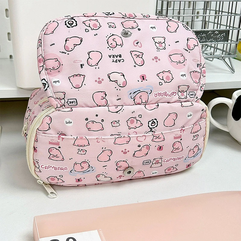 Cartoon Pink Capybara Pencil Storage Bag Kawaii Pencil Box Large Capacity Pencil Case School Stationery Case Makeup Bag