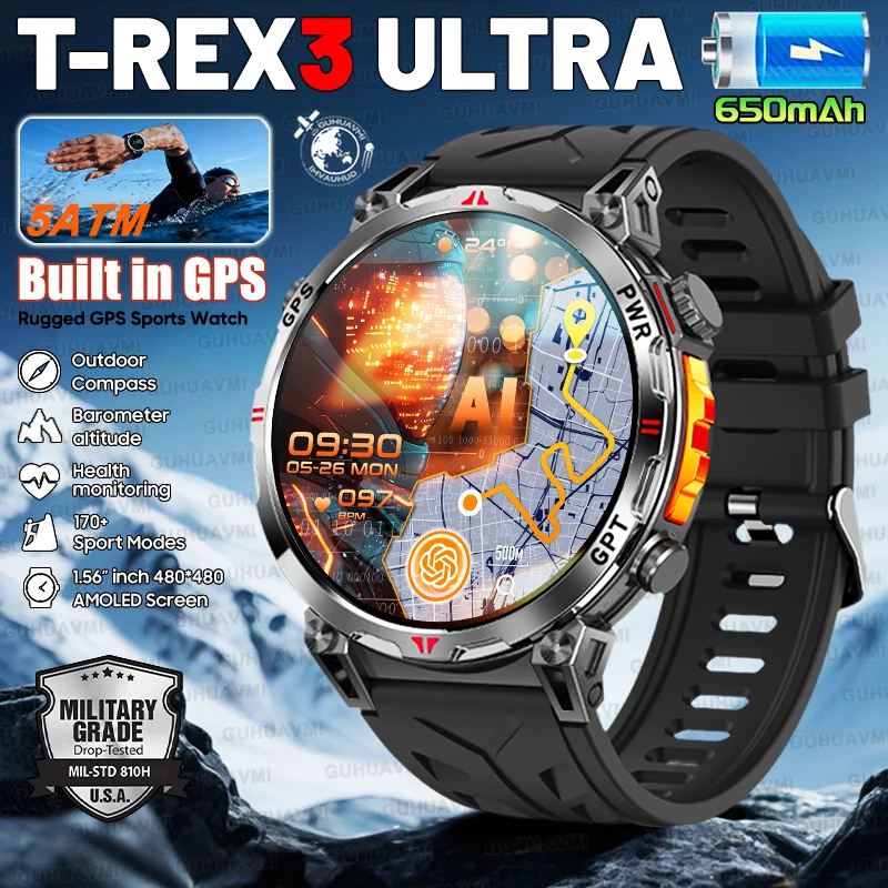 

2025 New Military T-Rex 3 GPS Smart Watch Dual-Band GPS Compass Altimeter Barometer 5ATM Waterproof Chat GPT Sports Bracelet Men