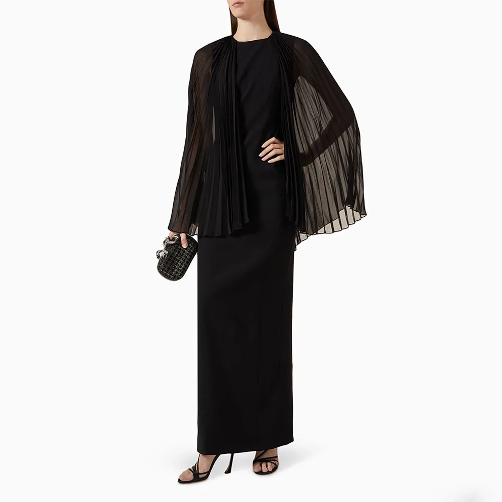 

Customized Prom Dress Black Pleated Chiffon Cape Ankle Length Modern Evening Dresses for Women O Neck Column Formal Party Gowns