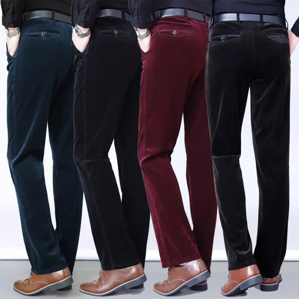 

Trendy Cold Resistant Pockets Straight Fit Autumn Winter Velvet Lining Thermal Corduroy Trousers Men Pants Workwear