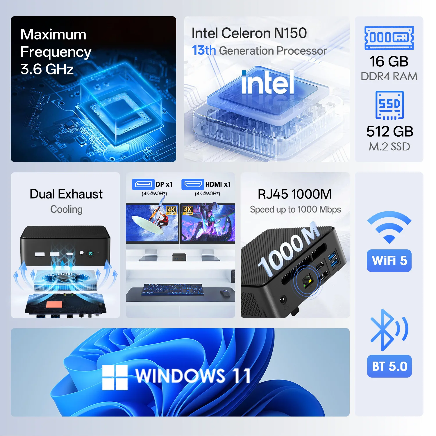 WUDUNG Neuer Mini-PC Intel Celeron N150, Windows 11 DDR4 16 GB RAM M.2 SSD 512 GB WiFi 5 BT4.0 Mini-PC-Desktop-Computer