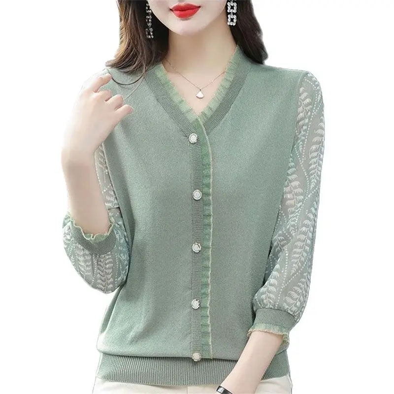 

2023 New Spring Autumn Knitted Tops Middle-Aged Elderly Women's Blouse T-Shirt Female Chiffon Sleeve Elegant Bottoming Shirt