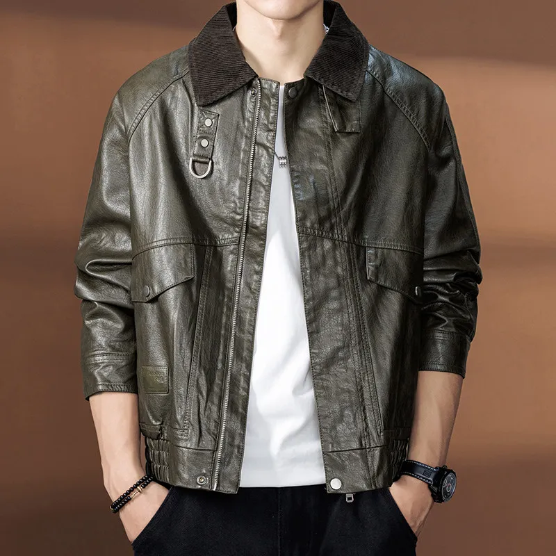 

Fall New PU Leather Jacket Men's Youth Lapel Casual Fashion Cool Motorcycle Style Trendy Jacket Thickened Long Sleeve Zipper