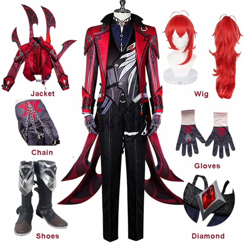 Game Genshin Impact Diluc Red Dead Of Night Cosplay Costume Wig Shoes Anime Genshin Diluc Cosplay Clothes New Skin