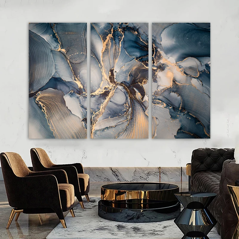 3 Panels Abstract Golden Blue Canvas Paintings  Big Size Marble Posters And Prints Wall Art Pictures for Living Room Home Decor