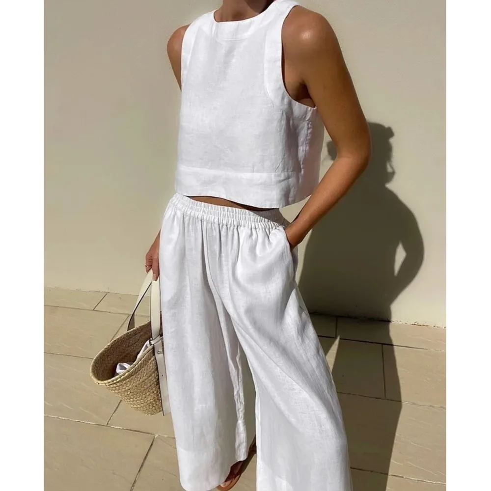 

Fashion Solid Color 2 Piece Set Suit New Summer Casual Round Neck Sleeveless Loose Shirt Vest Top Wide Leg Trousers Basic Sets