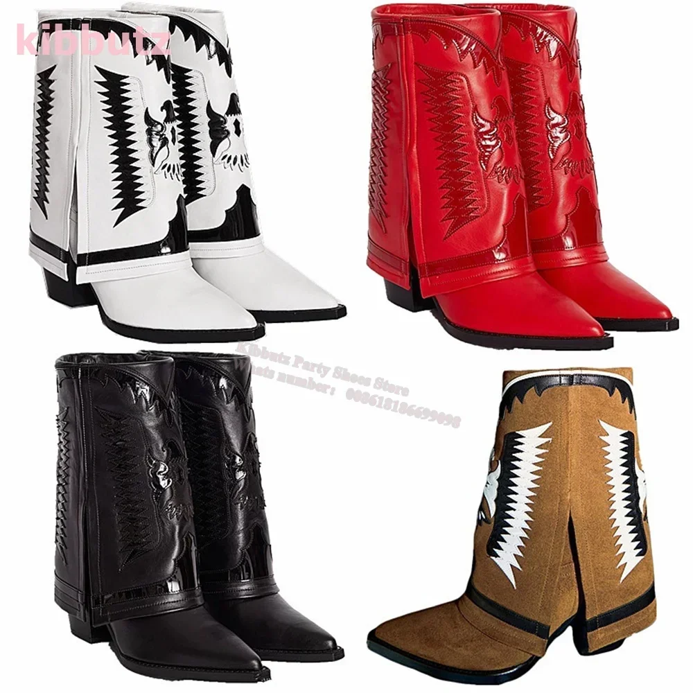 Turned-Over Edge Boots Knee-High Cowboy Pattern Pointed Toe Square Heel Luxury Leather Slip-On Women Shoes Fashion Sexy Newest