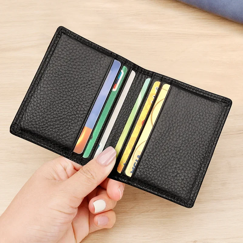 Funda de cuero genuino de lujo para hombre y mujer, tarjetero plegable de Color sólido para negocios, soporte para tarjeta de crédito, cartera tarjetero de hombre, tarjeteros para tarjetas de credito, billetera hombre