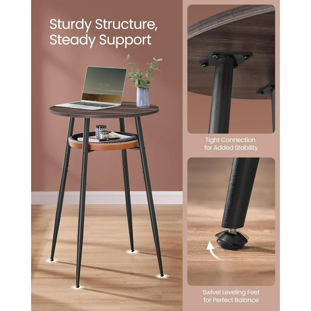 EKHO Collection - Bar Table with Storage, Round High Pub Table, Synthetic Leather with Stitching, Mid-Century Modern, Kitchen H