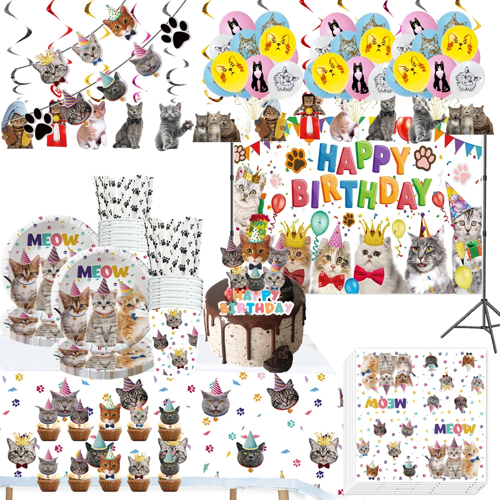 Pet Cat Birthday Party Disposable tableware Packs Kitten Paper Tableware Set Balloons Plates Napkins Globes for Cat Party Supple