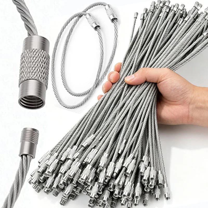 Metal Keychain Tag Ropes Stainless Steel Wire Cable Loop Screw Lock Gadget Ring Key Keyring Circle Camp Hanging Tool Hardware