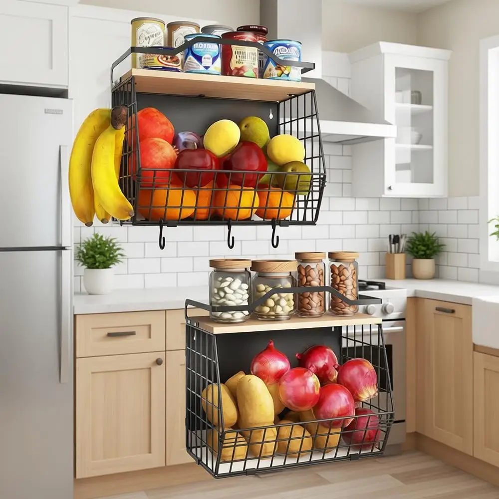 

Двухуровневая деревянная магнитная полка с крышкой и 4 крючками для подвешивания для хранения на кухне