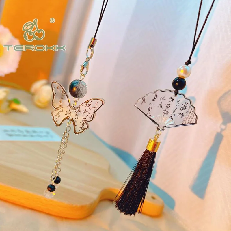 Chinese Style Ink Calligraphy Butterfly Fan Pendants Mobile Phone Chain Anti Lost Lanyard Keychain Vintage Bag Pendant Keycord