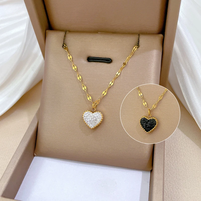 Classic Trendy Two-sided Black White Heart Pendant Necklace for Women Luxury Gold Color Stainless Steel Collar Jewelry Colorfast