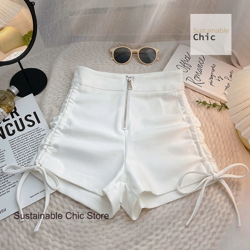 Korean drawstring slim high waist black shorts women's summer new loose and comfortable Joker wide leg pleated tight hot pants.