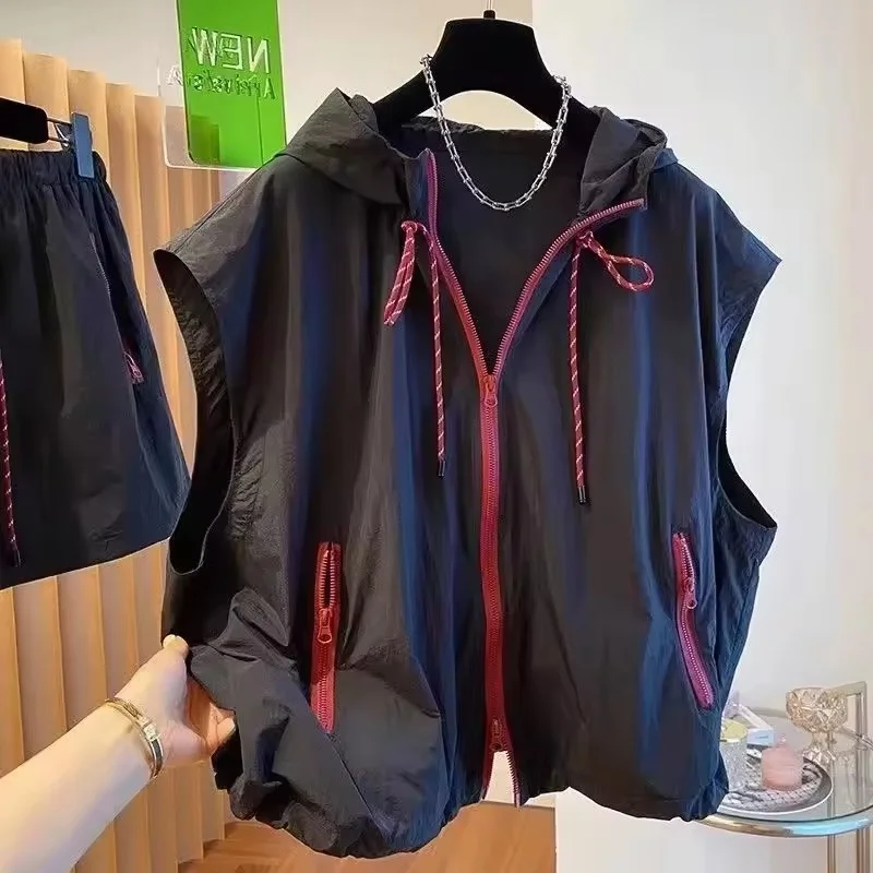 

Summer Casual Hooded Sleeveless Ladies Vest Coat Solid Color Versatile Temperament Women's Loose Sun-Proof Waistcoat Jacket