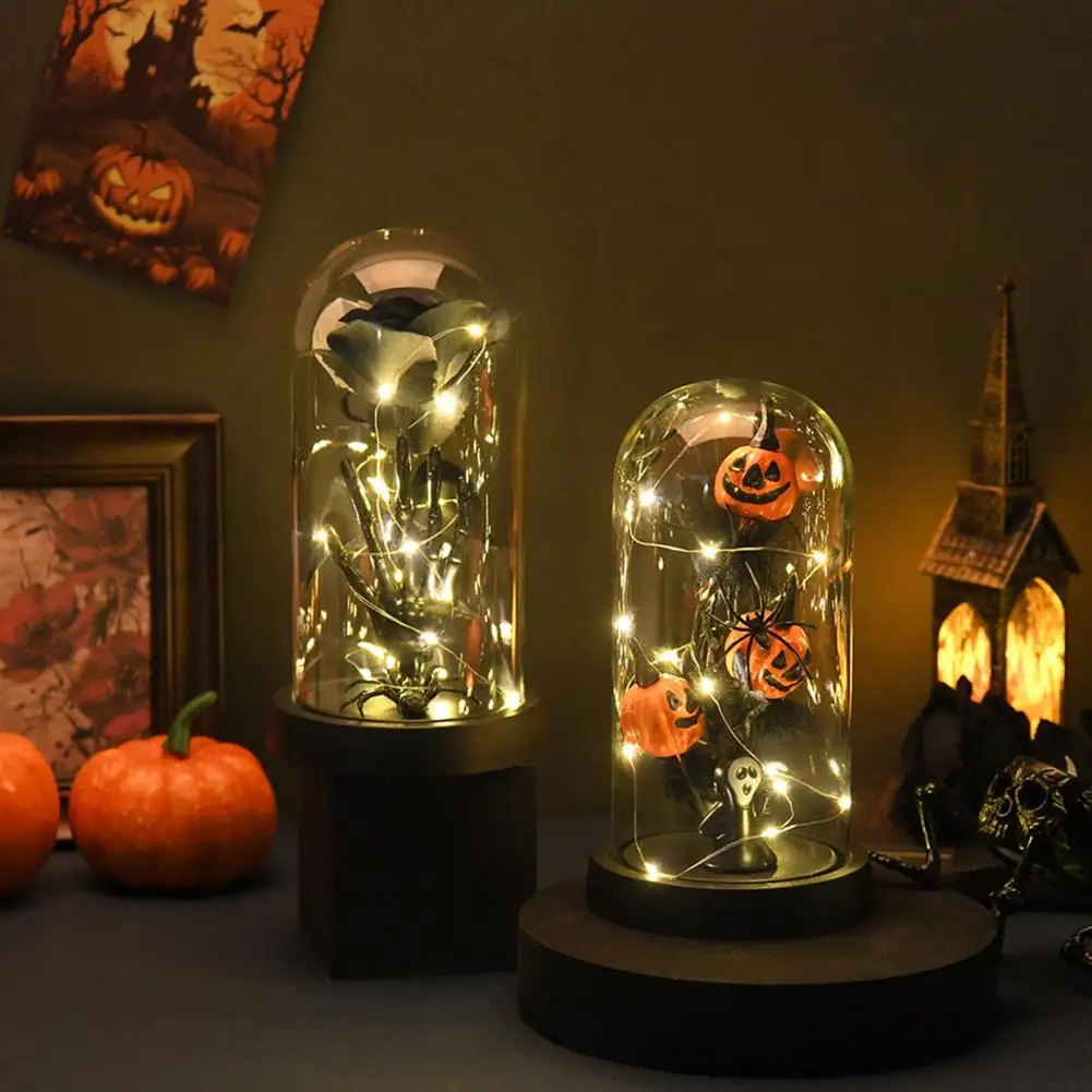 Skull Halloween Decoration Halloween Table Decor Eternal Black Roses Light-up Skull Glass Cloche for Halloween Home for Kitchen