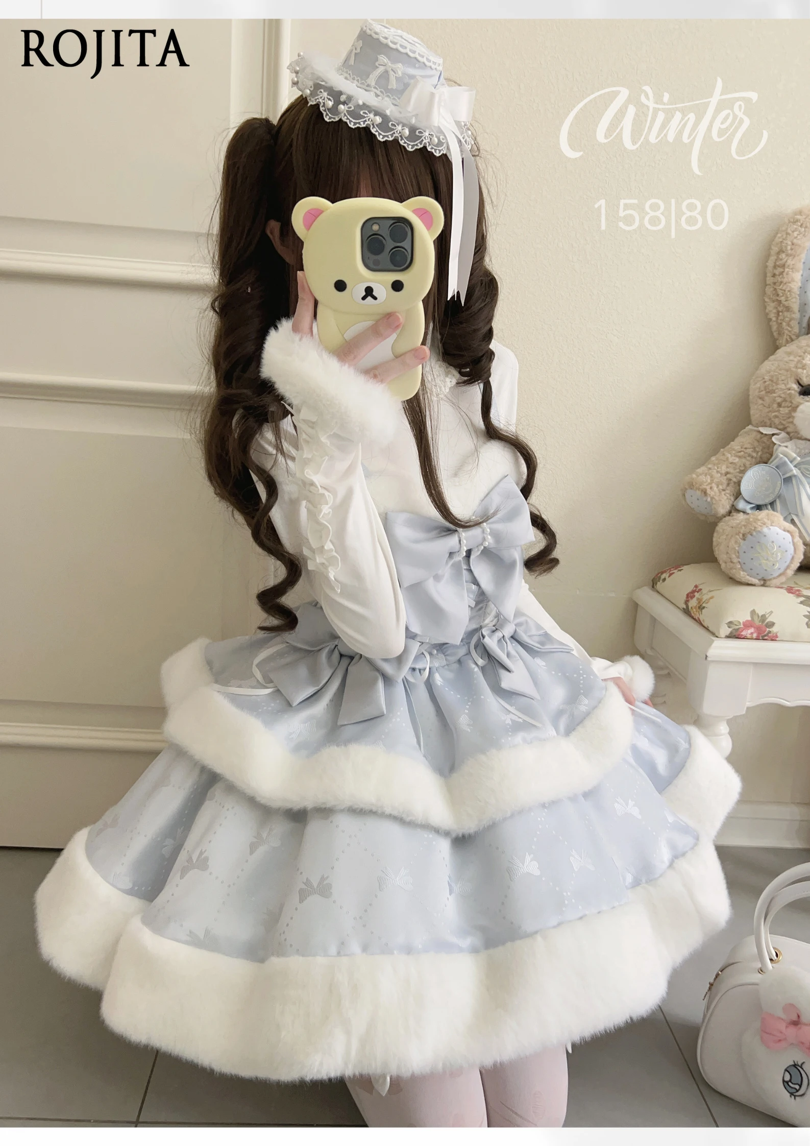 

Blue Cake Dress Sweet Girl Original Plush Dress Autumn Winter Heavy Craft Faux Fur Patchwork Lolita Dresses 24076
