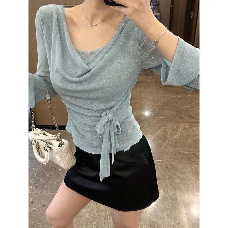 無地プルオーバーボトムシャツスパンコール気質不規則な春夏長袖メッシュトップ