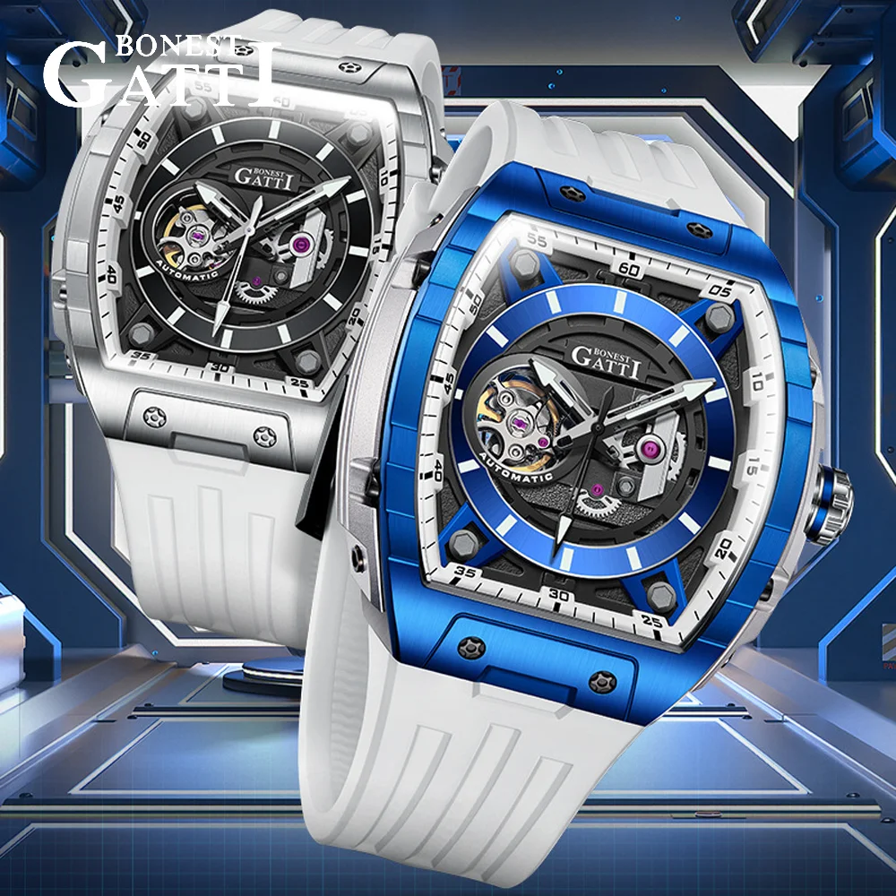 

BONEST GATTI Tonneau Luxury Mechanical Automatic Movement Watches Rubber Strap Sapphire Luminous Stainless Steel German Design