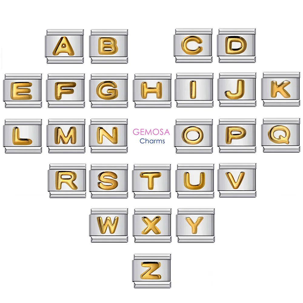 2025 nueva moda 26 letras en inglés eslabones de encanto italiano aptos para pulsera de acero inoxidable de 9mm hacer cadena de joyería para mujer