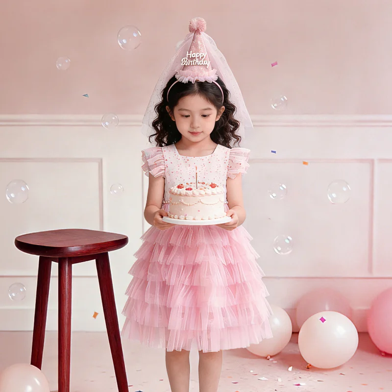 Girls' Dress2026Summer New Sweet and Cute Birthday Dress Princess Style Mesh Puffy Tank Cake Dress