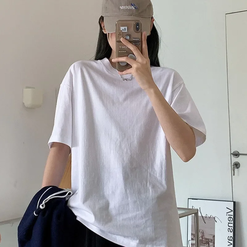 Women Loose Short Sleeved T-shirt Pure Cotton Black and White Monochromatic Base Half Sleeved Oversized Top Spring Summer New