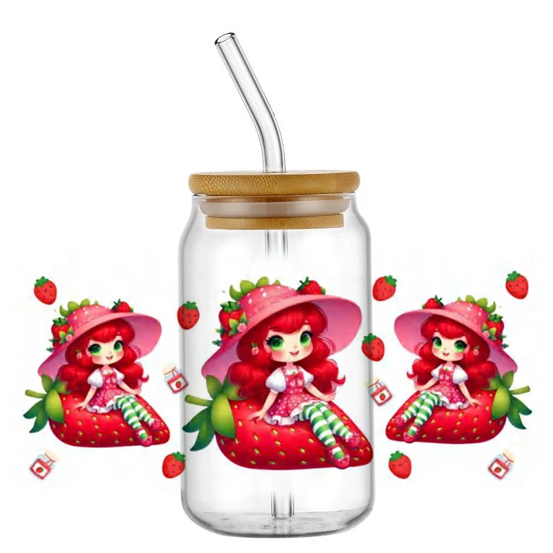 Cute Strawberry Girl Decal 3D Washable UV DTF Transfer Sticker Waterproof Transfers Decals for 16oz Glass Cup Wrap Stickers