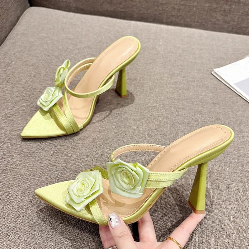 Liyke Fashion Design Green Silk Rose Flowers Women Slippers Sandal Sexy Pointed Open Toe Thin High Heels Summer Party Dress Shoe