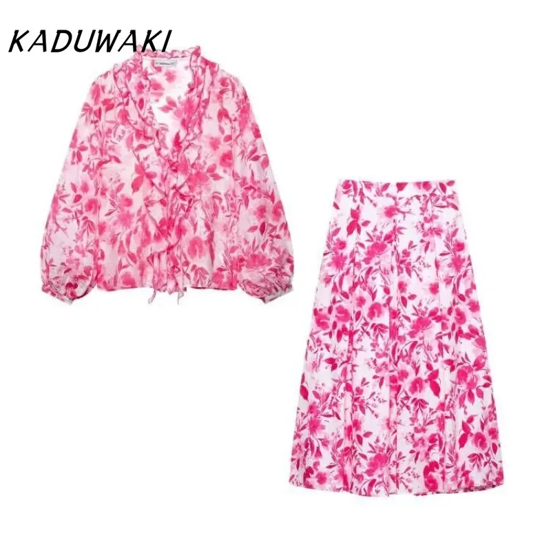 

KADUWAKI Korean Y2k Women's Layered Decorative Printed Long Sleeved Lapel Shirt High Waisted Poplin MIDI Cloak Skirt 2-piece Set