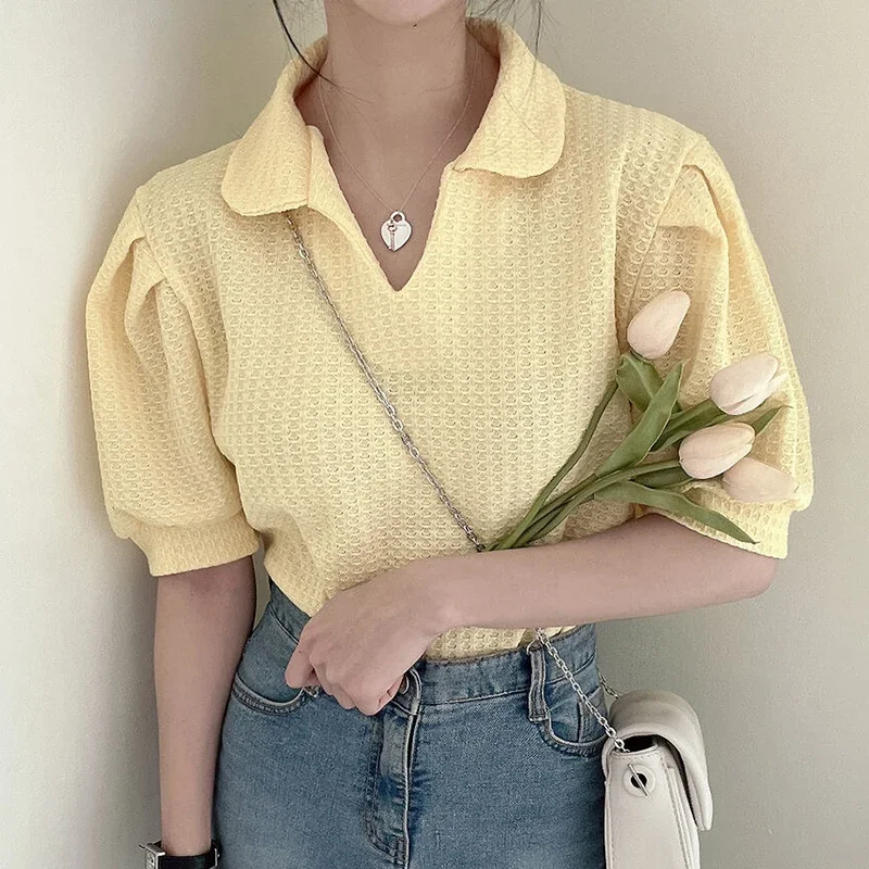 

Korean Chic Summer Gentle Yellow Skin POLO Collar Loose Versatile Three-dimensional Grid Bubble Sleeve Shirt Top for Women