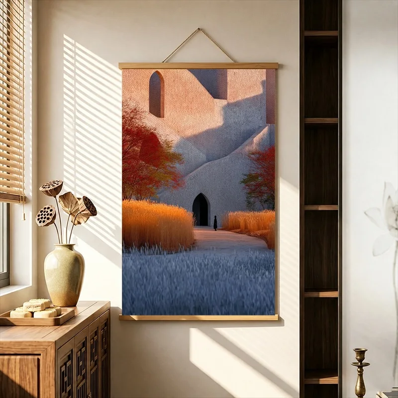 Wall Decorations Solitary Travelers in Layered Color Landscapes, Pearlescent Canvas Hanging Scroll for Home Office Wall Decor