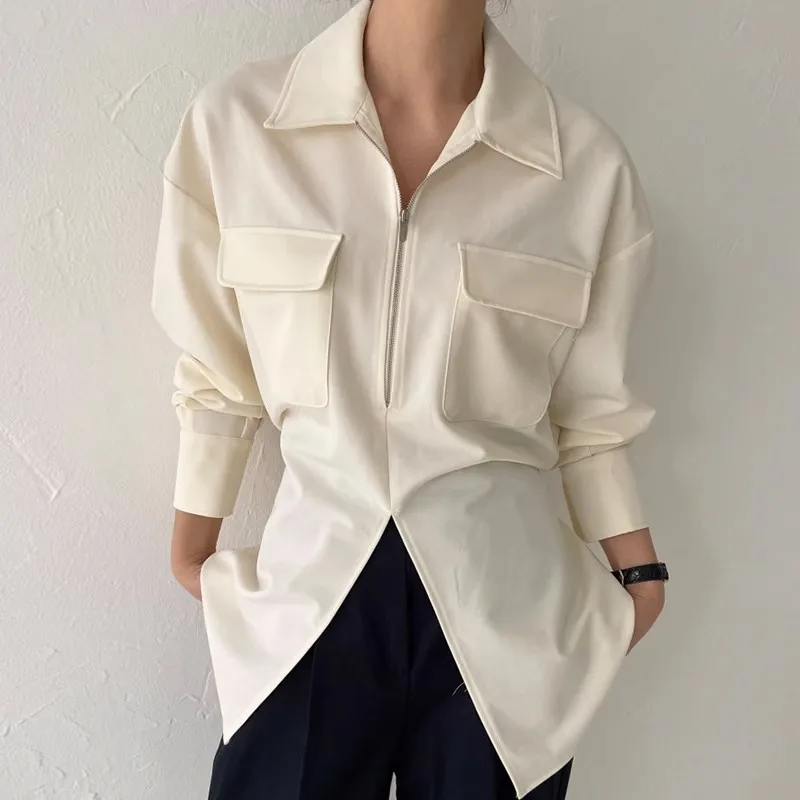 

Women White Zipper Pocket Blouse New Lapel Long Sleeve Loose Fit Shirt Fashion Autumn 2023