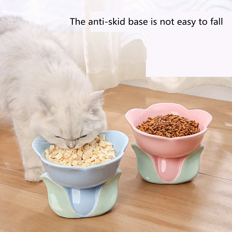 

Flower Shape Ceramic Cat Bowl High Foot Plate Non-slip Dog Puppy Feeder Feeding Food Water Protection Cervical Pet Supplies