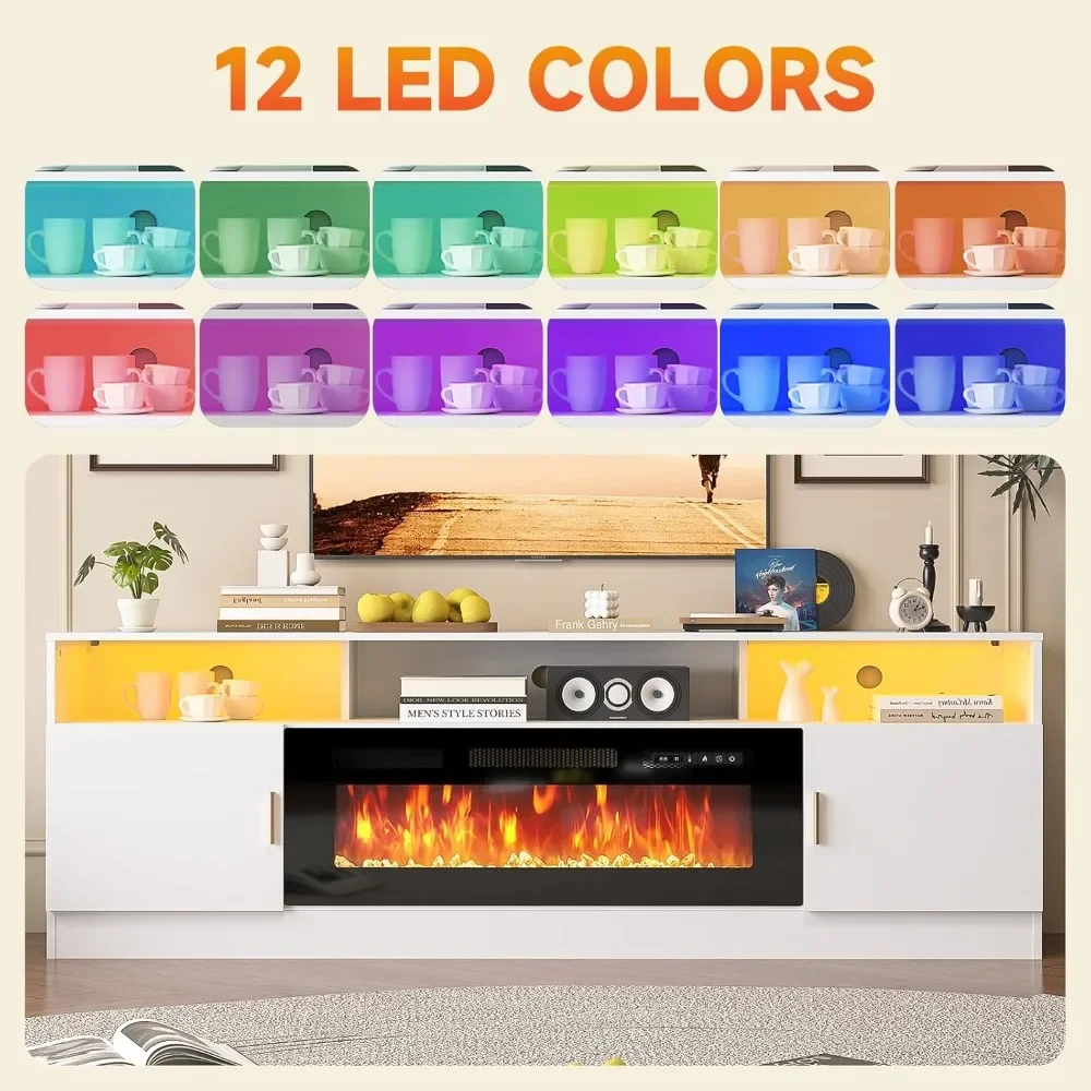 Suporte de TV com lareira elétrica de 70 "com lareira elétrica de 36 polegadas com capacidade de TV de até 80 polegadas Luzes LED e armazenamento de entretenimento C