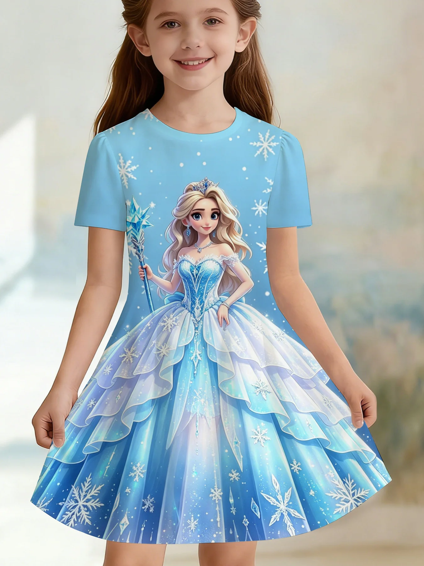 Little Girls Ice Princess Graphic Dress, Blonde Snow Queen with Magic Scepter & Snowflakes Pattern Short Sleeve Party Dress