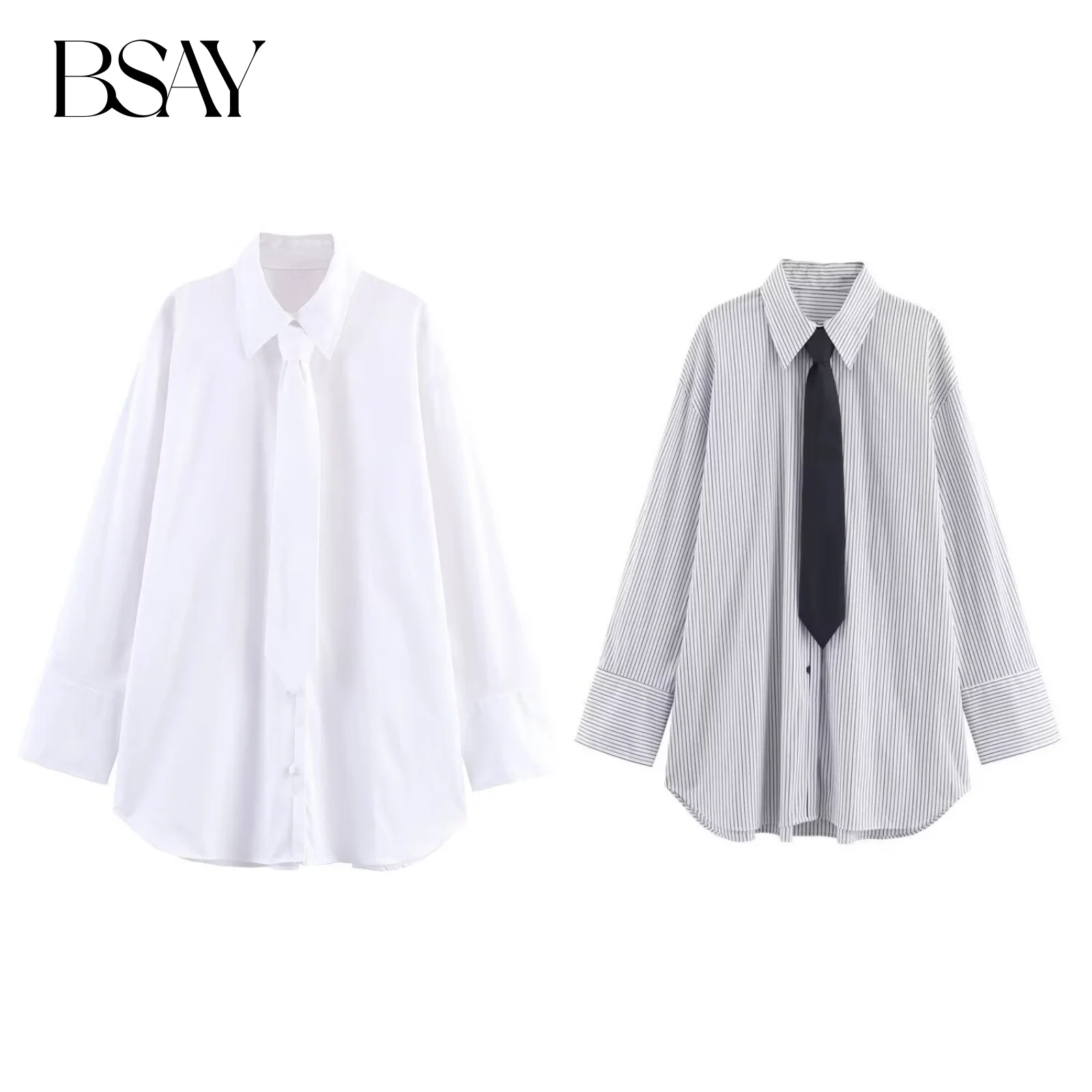 BSAY Krawatte Dekoration Popeline Weißes Hemd frauen kleidung 2025, Neue Koreanische Langarm button up blusen chic damen Tops mujer