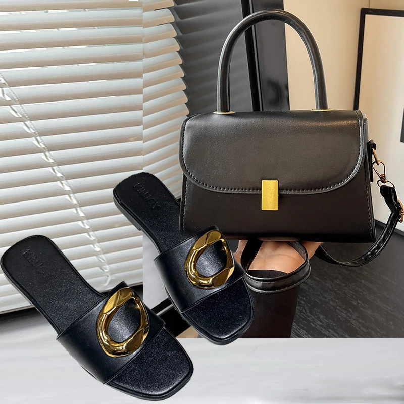 Women's Summer Fashion Metal Decorative Slippers Plus Size Flat Sandals with Advanced Metal Buckle Decorative Shoulder Bag Set
