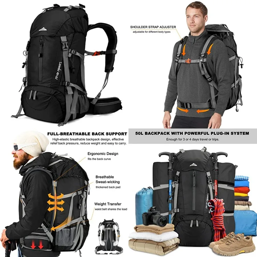 

Loowoko 50L Hiking Backpack, Waterproof Camping Essentials Bag with Rain Cover, 45+5 L Lightweight Backpacking Back Pack